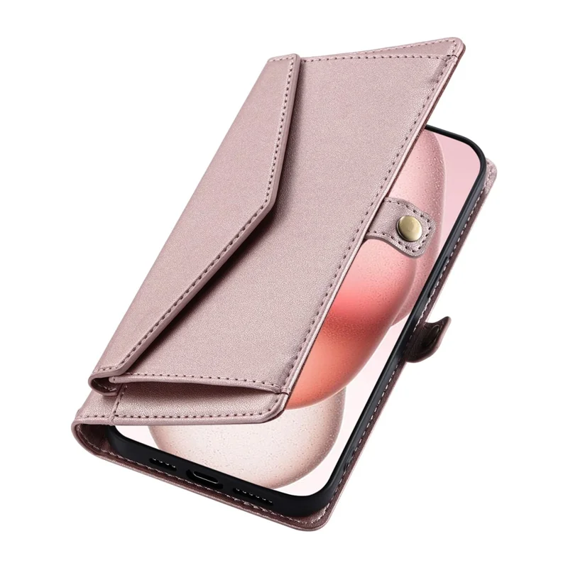 For iPhone 16 Plus Leather Case Wallet Stand Phone Cover with Straps - Rose Gold