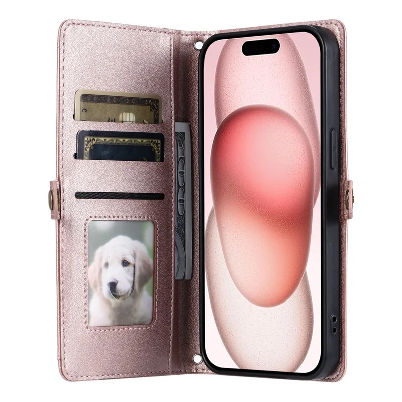 For iPhone 16 Plus Leather Case Wallet Stand Phone Cover with Straps - Rose Gold