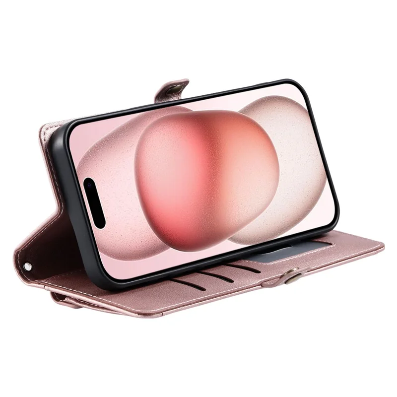 For iPhone 16 Plus Leather Case Wallet Stand Phone Cover with Straps - Rose Gold
