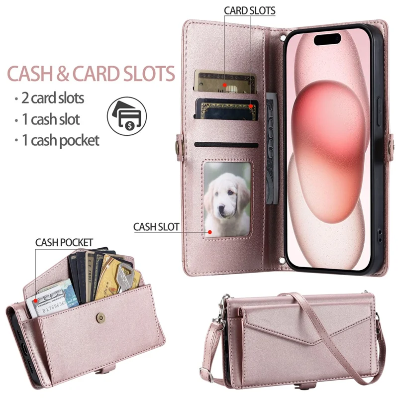 For iPhone 16 Plus Leather Case Wallet Stand Phone Cover with Straps - Rose Gold