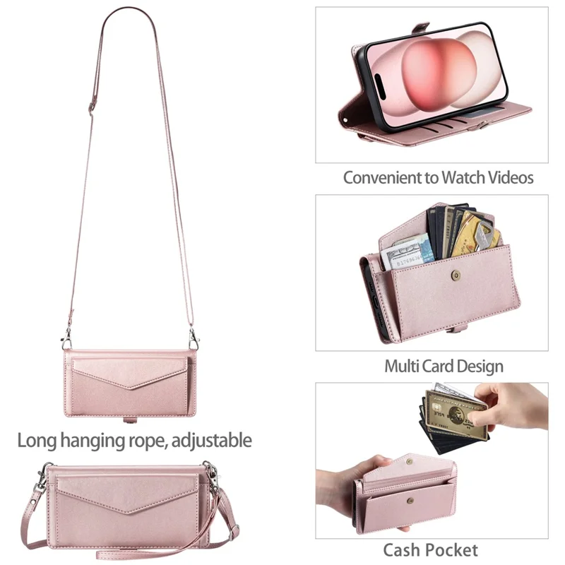 For iPhone 16 Plus Leather Case Wallet Stand Phone Cover with Straps - Rose Gold