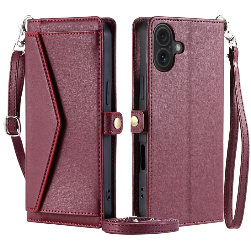 For iPhone 16 Plus Leather Case Wallet Stand Phone Cover with Straps - Wine Red