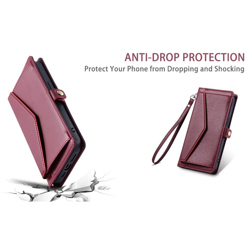 For iPhone 16 Plus Leather Case Wallet Stand Phone Cover with Straps - Wine Red