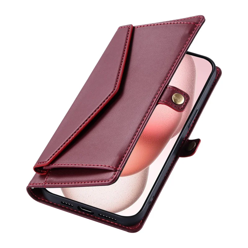 For iPhone 16 Plus Leather Case Wallet Stand Phone Cover with Straps - Wine Red