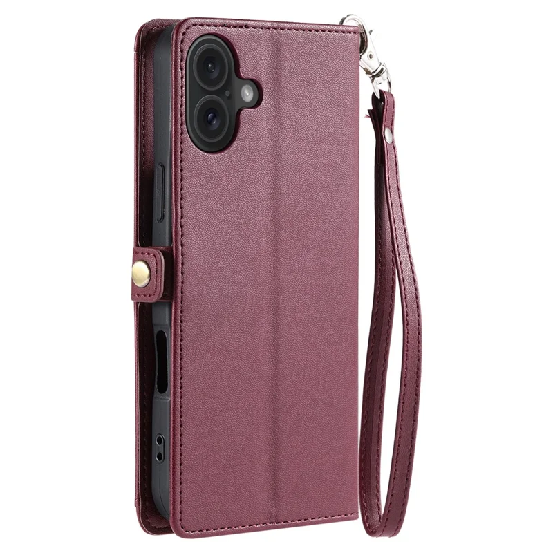 For iPhone 16 Plus Leather Case Wallet Stand Phone Cover with Straps - Wine Red