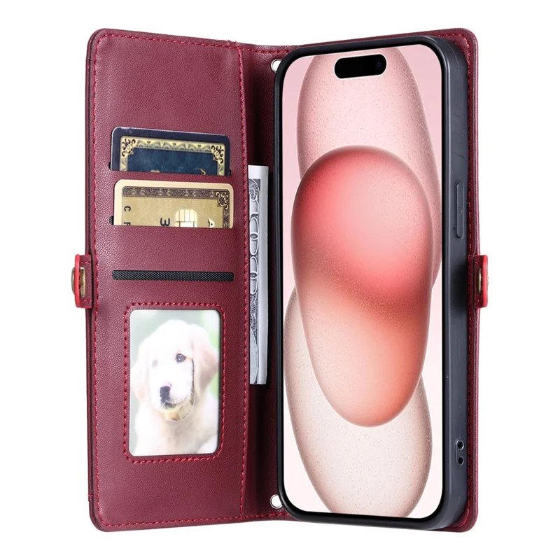 For iPhone 16 Plus Leather Case Wallet Stand Phone Cover with Straps - Wine Red