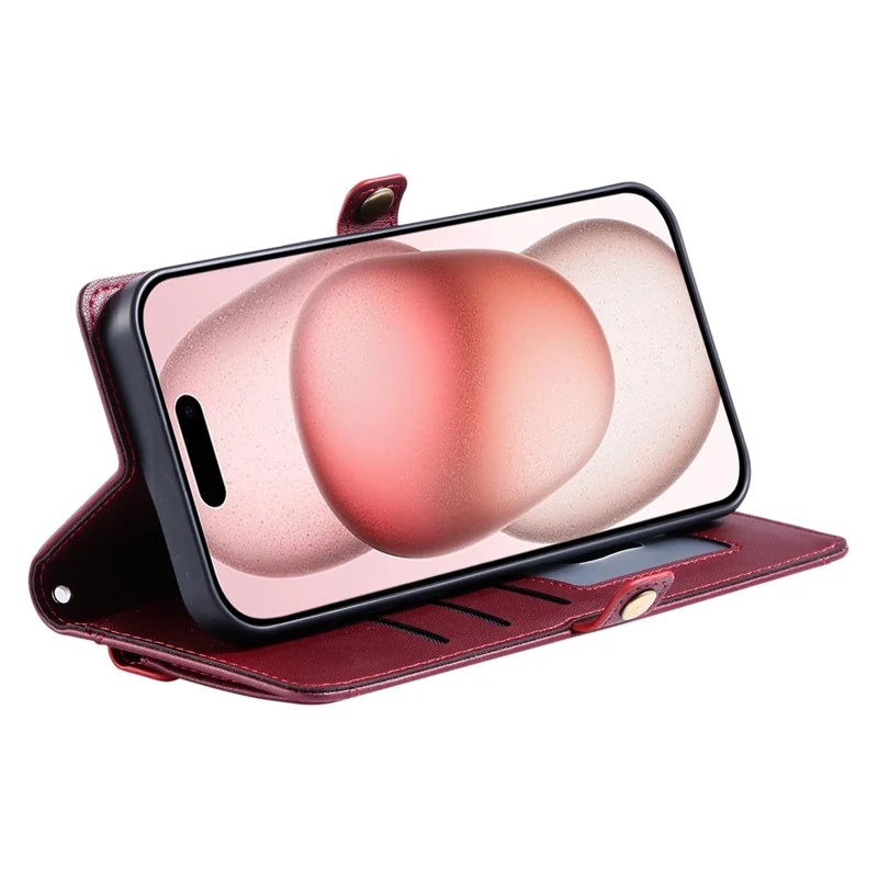 For iPhone 16 Plus Leather Case Wallet Stand Phone Cover with Straps - Wine Red