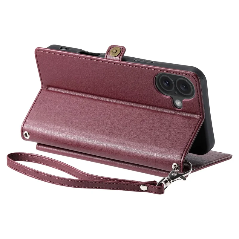 For iPhone 16 Plus Leather Case Wallet Stand Phone Cover with Straps - Wine Red