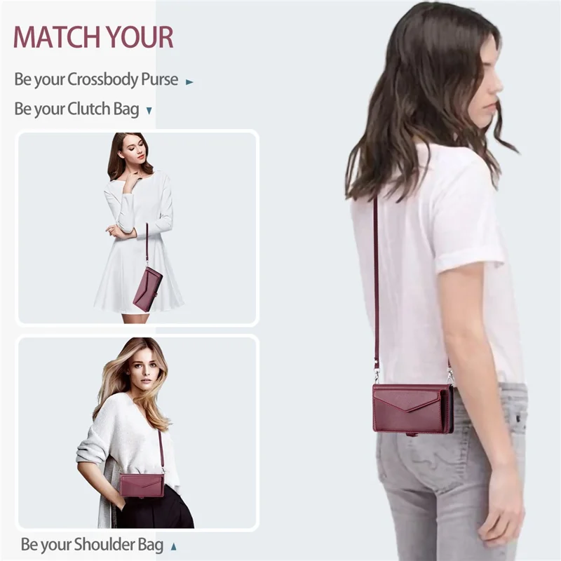For iPhone 16 Plus Leather Case Wallet Stand Phone Cover with Straps - Wine Red