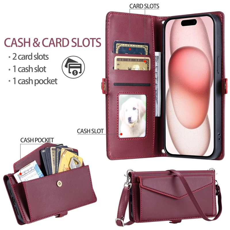 For iPhone 16 Plus Leather Case Wallet Stand Phone Cover with Straps - Wine Red