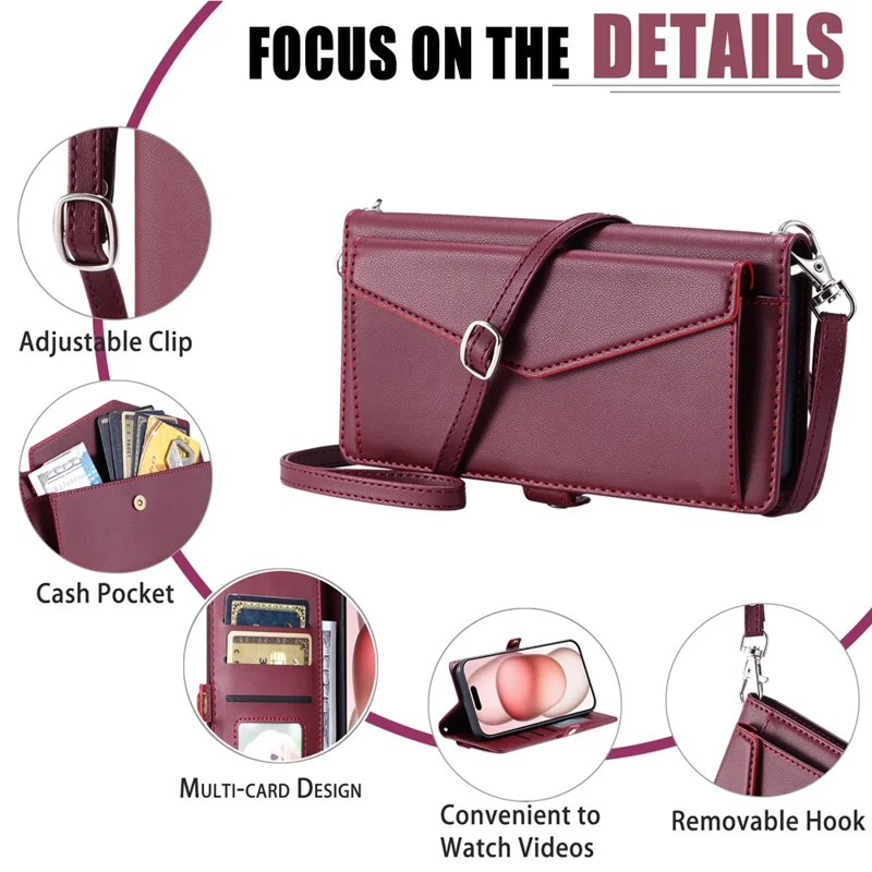 For iPhone 16 Plus Leather Case Wallet Stand Phone Cover with Straps - Wine Red
