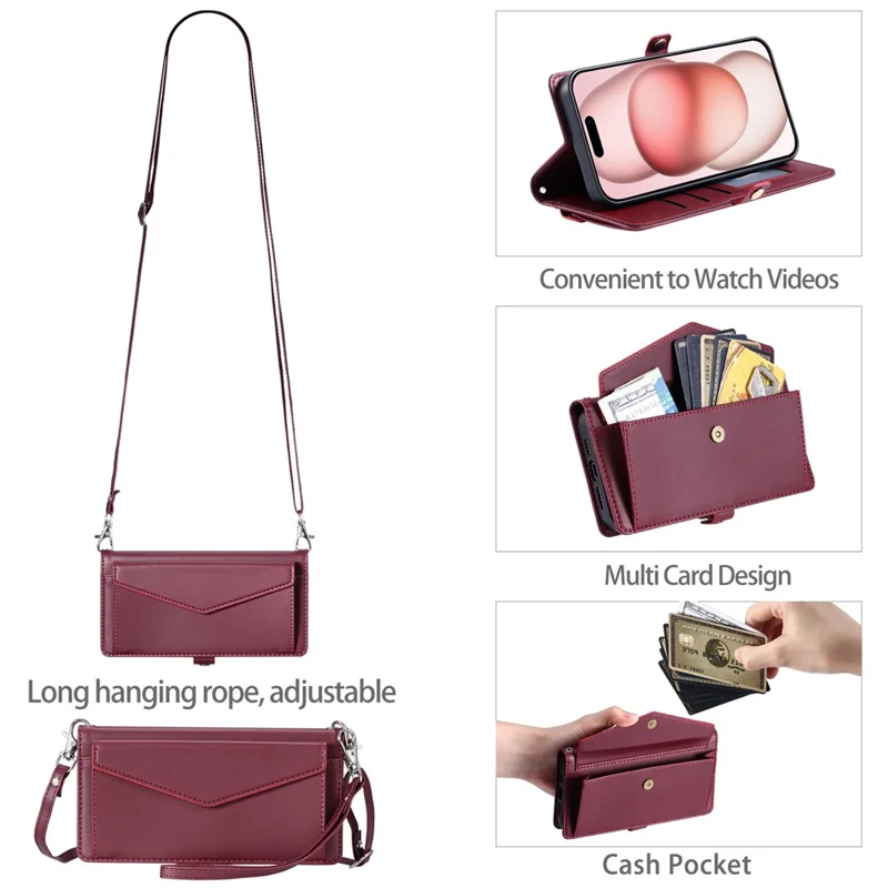 For iPhone 16 Plus Leather Case Wallet Stand Phone Cover with Straps - Wine Red