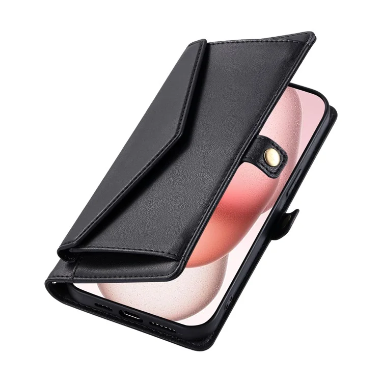 For iPhone 16 Pro Leather Case Wallet Stand Phone Cover with Straps - Black