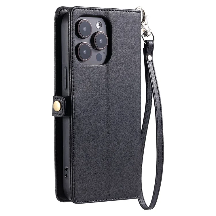 For iPhone 16 Pro Leather Case Wallet Stand Phone Cover with Straps - Black