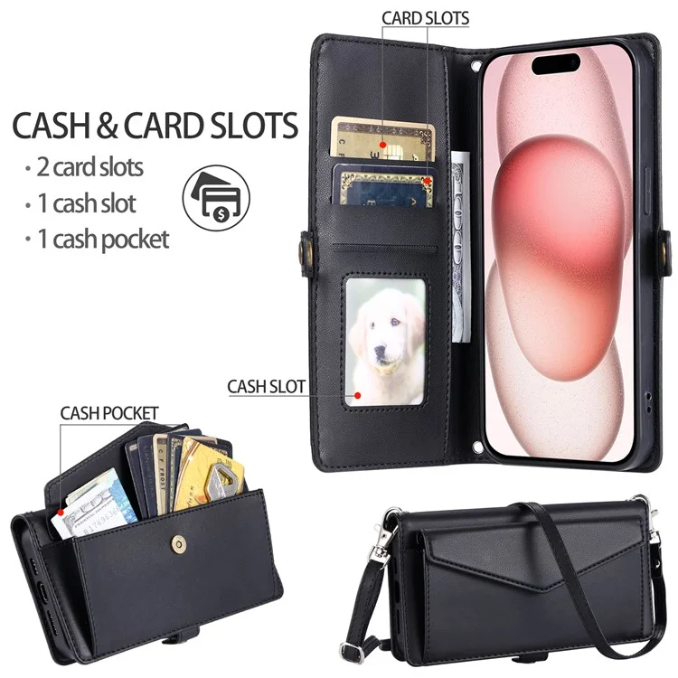 For iPhone 16 Pro Leather Case Wallet Stand Phone Cover with Straps - Black