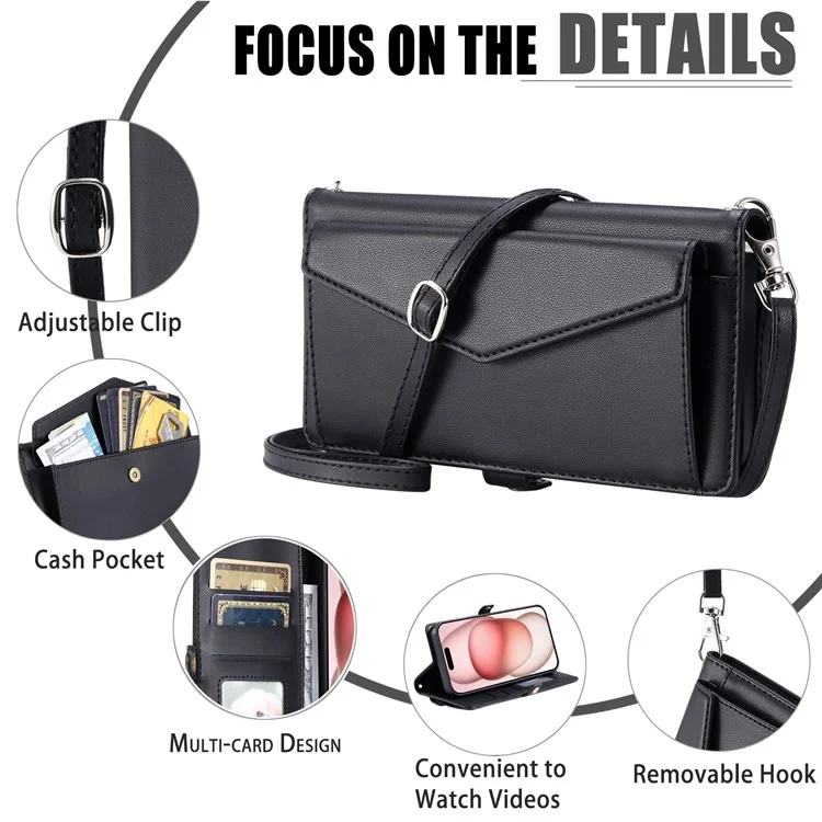 For iPhone 16 Pro Leather Case Wallet Stand Phone Cover with Straps - Black