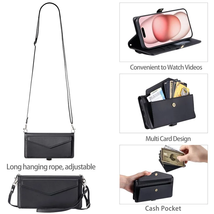 For iPhone 16 Pro Leather Case Wallet Stand Phone Cover with Straps - Black