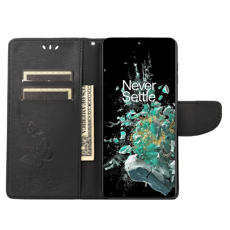 Para OnePlus 10t 5G / Ace Pro 5G Big Butterflies Patrón de Flores Impresionante Case de Cuero Magnético Soporte de Billetera Con Correa - Negro