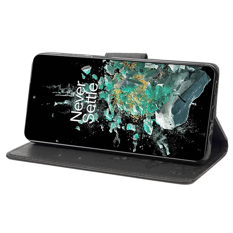 Para OnePlus 10t 5G / Ace Pro 5G Big Butterflies Patrón de Flores Impresionante Case de Cuero Magnético Soporte de Billetera Con Correa - Negro