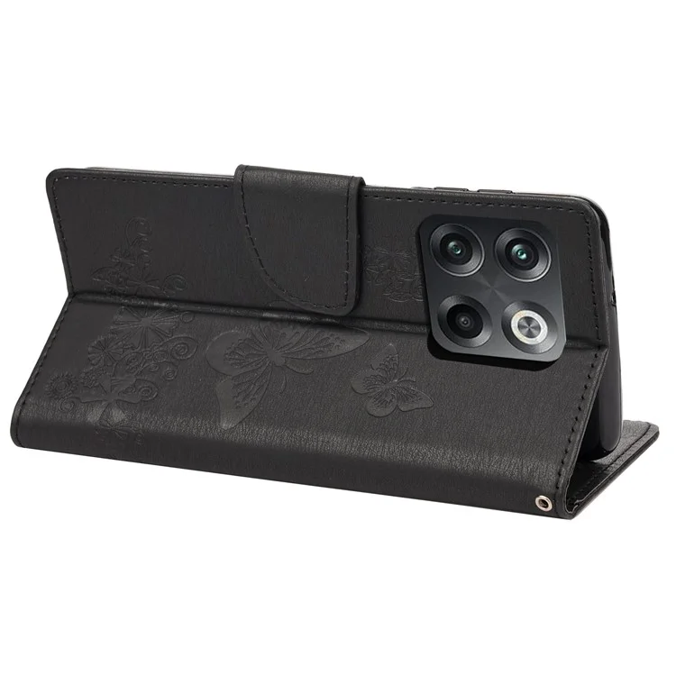 Para OnePlus 10t 5G / Ace Pro 5G Big Butterflies Patrón de Flores Impresionante Case de Cuero Magnético Soporte de Billetera Con Correa - Negro