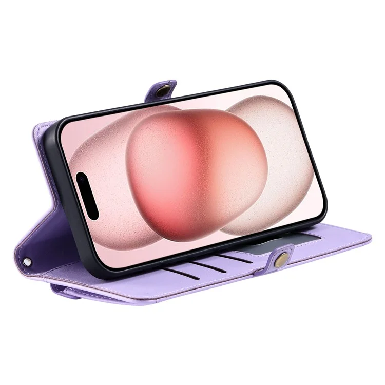 For iPhone 16 Leather Case Wallet Stand Phone Cover with Straps - Purple