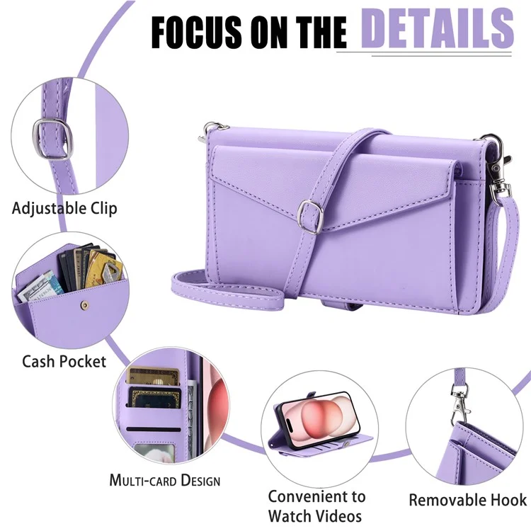 For iPhone 16 Leather Case Wallet Stand Phone Cover with Straps - Purple