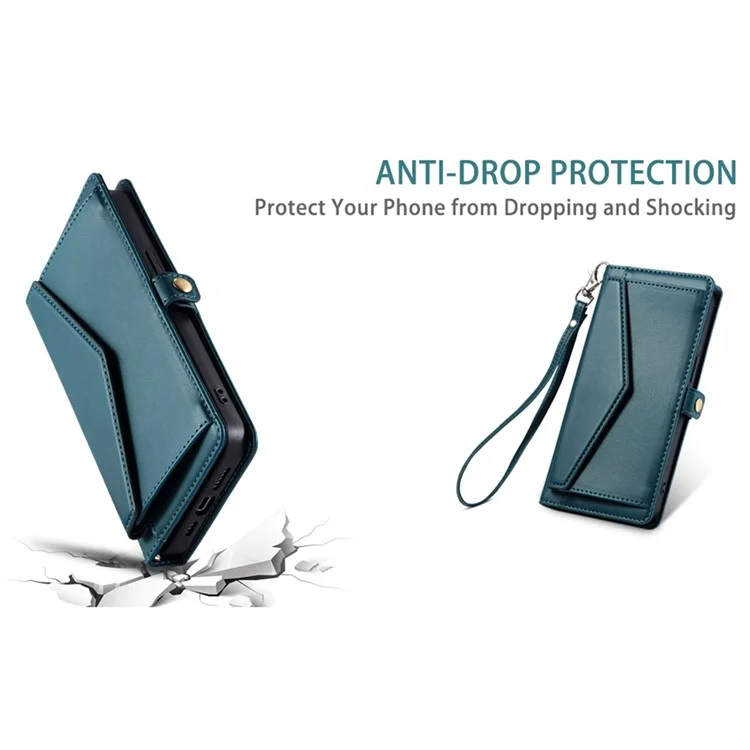 Para Iphone 15 Case de Cuero Case de Billetera Cubierta de Teléfono Con Correas - Verde Negruzco