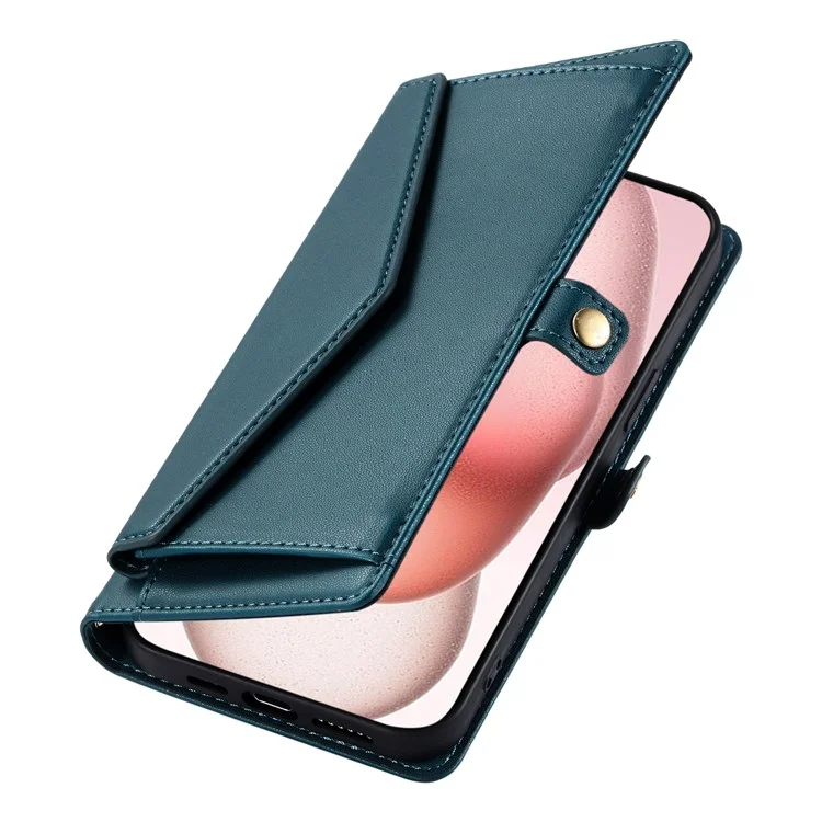 Para Iphone 15 Case de Cuero Case de Billetera Cubierta de Teléfono Con Correas - Verde Negruzco