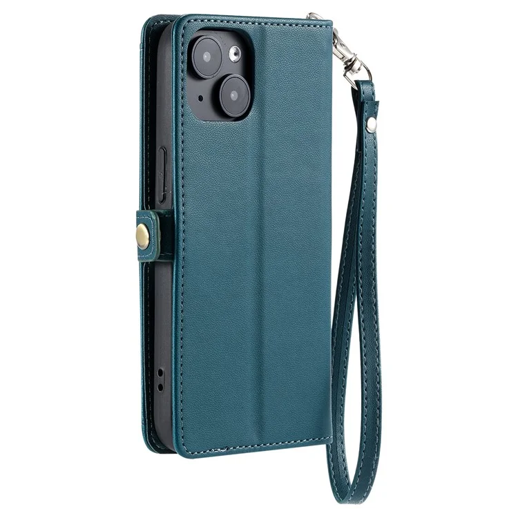 Para Iphone 15 Case de Cuero Case de Billetera Cubierta de Teléfono Con Correas - Verde Negruzco