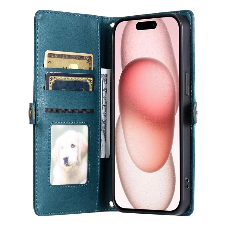 Para Iphone 15 Case de Cuero Case de Billetera Cubierta de Teléfono Con Correas - Verde Negruzco