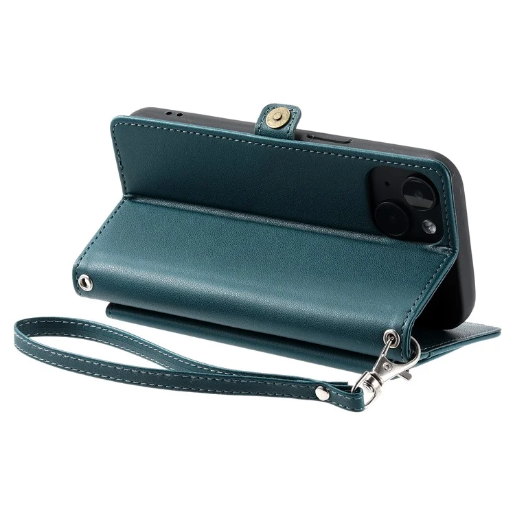 Para Iphone 15 Case de Cuero Case de Billetera Cubierta de Teléfono Con Correas - Verde Negruzco