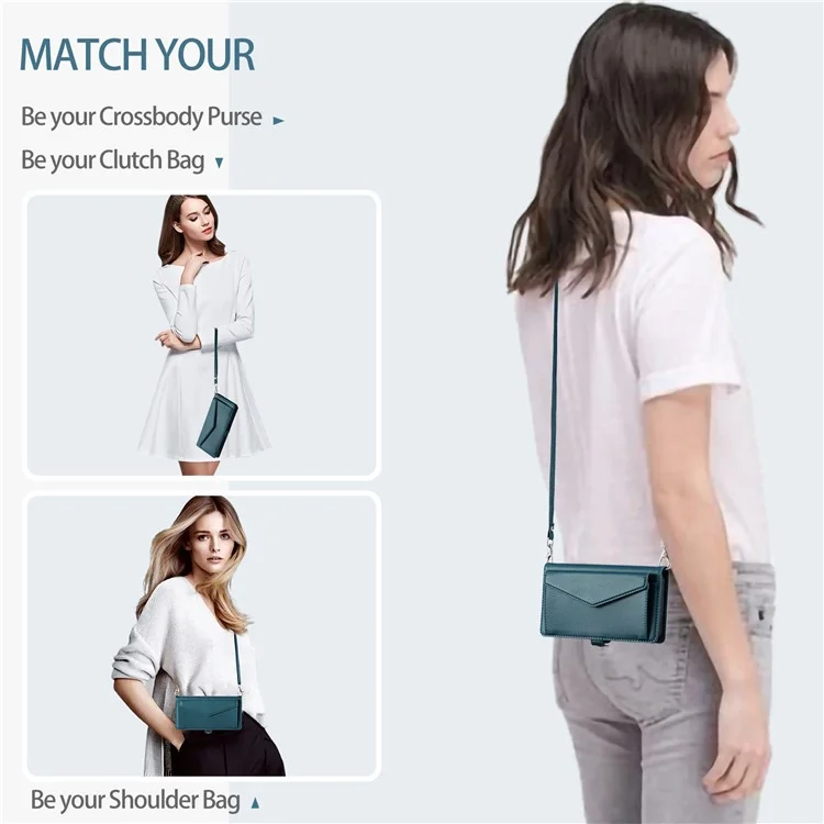 Para Iphone 15 Case de Cuero Case de Billetera Cubierta de Teléfono Con Correas - Verde Negruzco