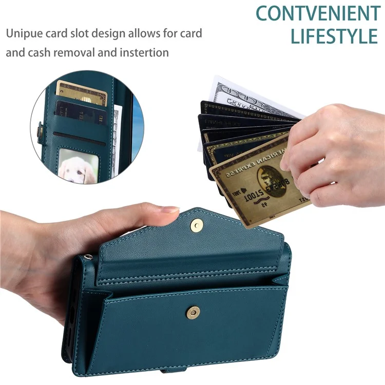 Para Iphone 15 Case de Cuero Case de Billetera Cubierta de Teléfono Con Correas - Verde Negruzco
