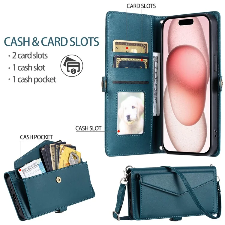 Para Iphone 15 Case de Cuero Case de Billetera Cubierta de Teléfono Con Correas - Verde Negruzco