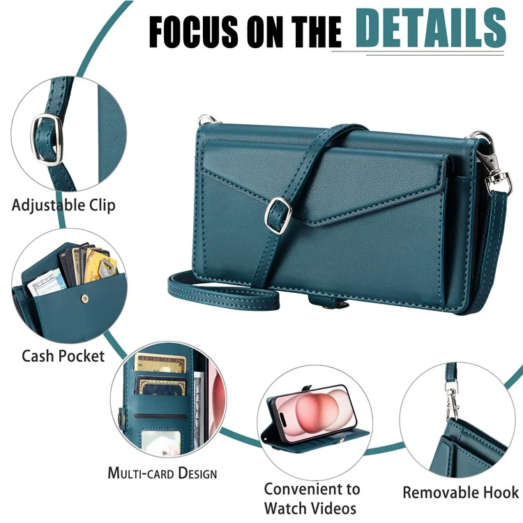 Para Iphone 15 Case de Cuero Case de Billetera Cubierta de Teléfono Con Correas - Verde Negruzco