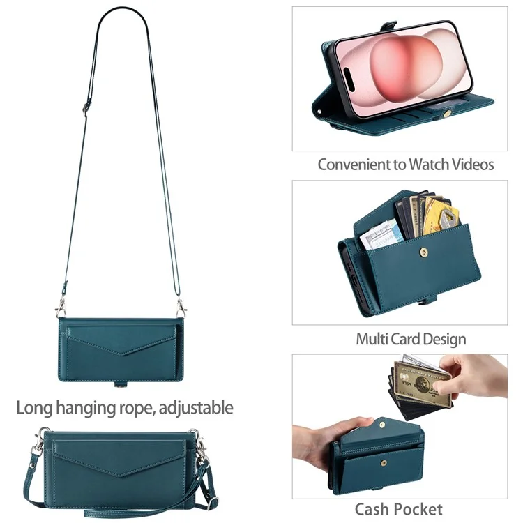 Para Iphone 15 Case de Cuero Case de Billetera Cubierta de Teléfono Con Correas - Verde Negruzco