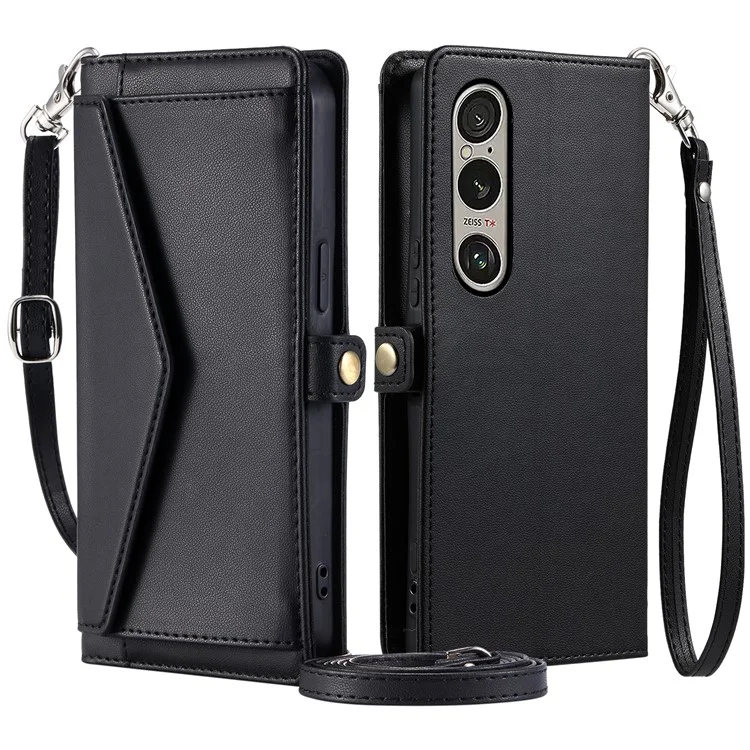 For Sony Xperia 1 VI Leather Case Wallet Stand Phone Cover with Straps - Black