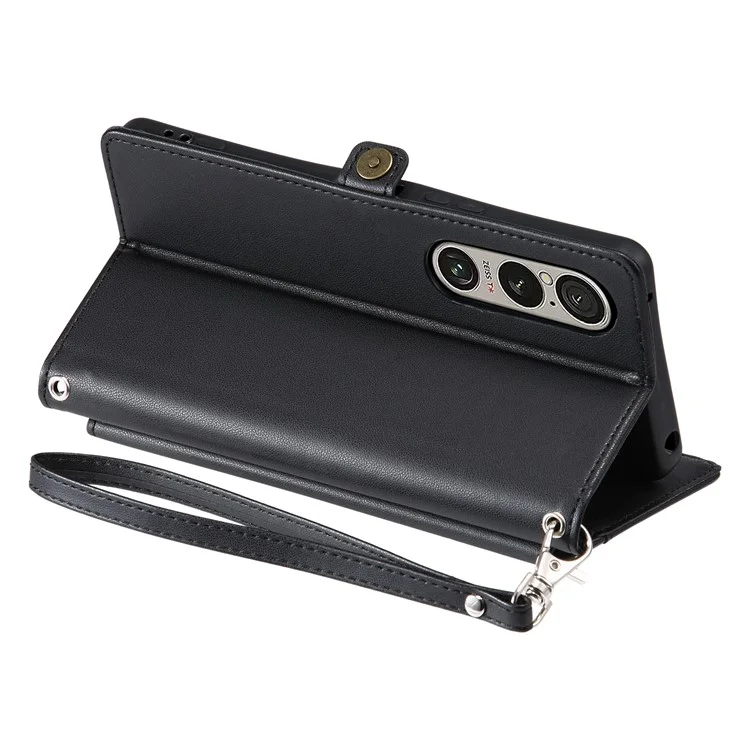 For Sony Xperia 1 VI Leather Case Wallet Stand Phone Cover with Straps - Black