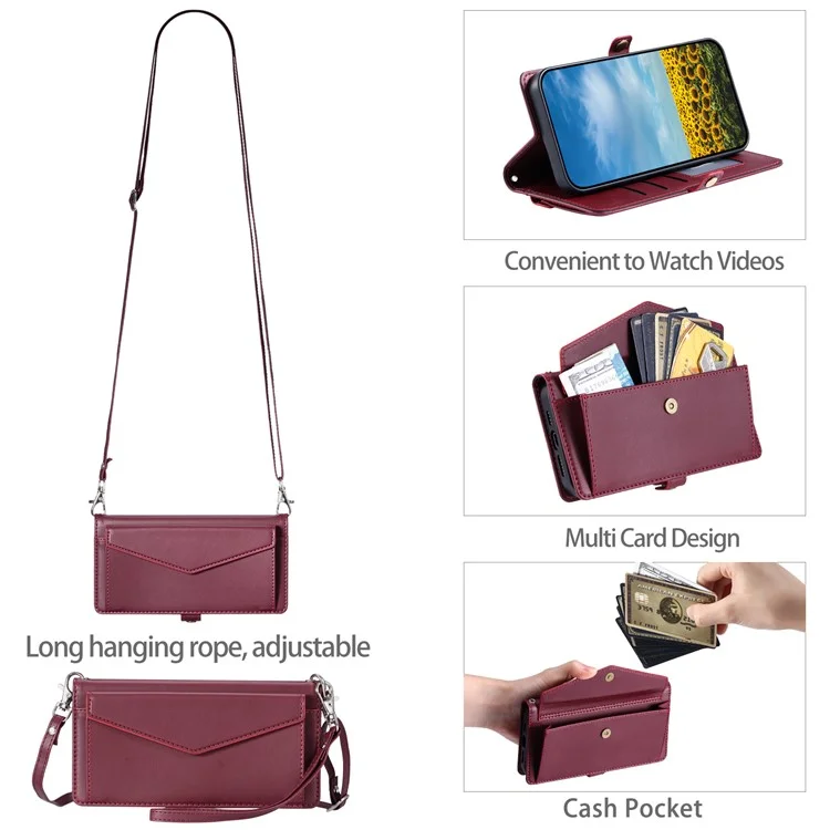 For Oppo A3 Pro (Global) 5G Leather Case Wallet Stand Phone Cover with Straps - Wine Red