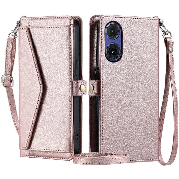 Para Motorola Moto G85 5G Funda de Cuero Billetera Soporte Funda Teléfono con Correas - Oro Rosa