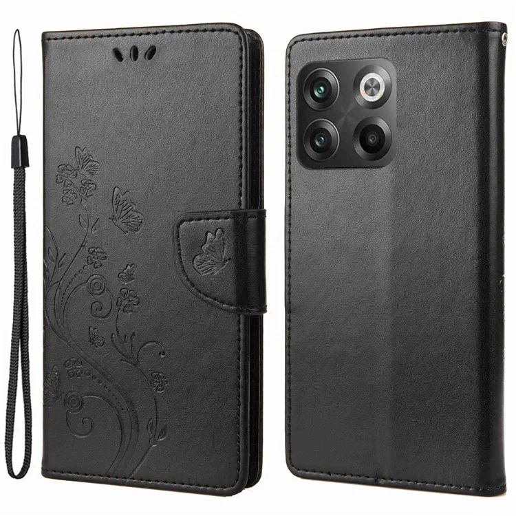 Per OnePlus 10T 5G / Ace Pro 5G Wallet Stand PU Leather Imprinting Flowlies Case di Protezione Completa TPU Copertina Telefonica Con Cinturino - Nero