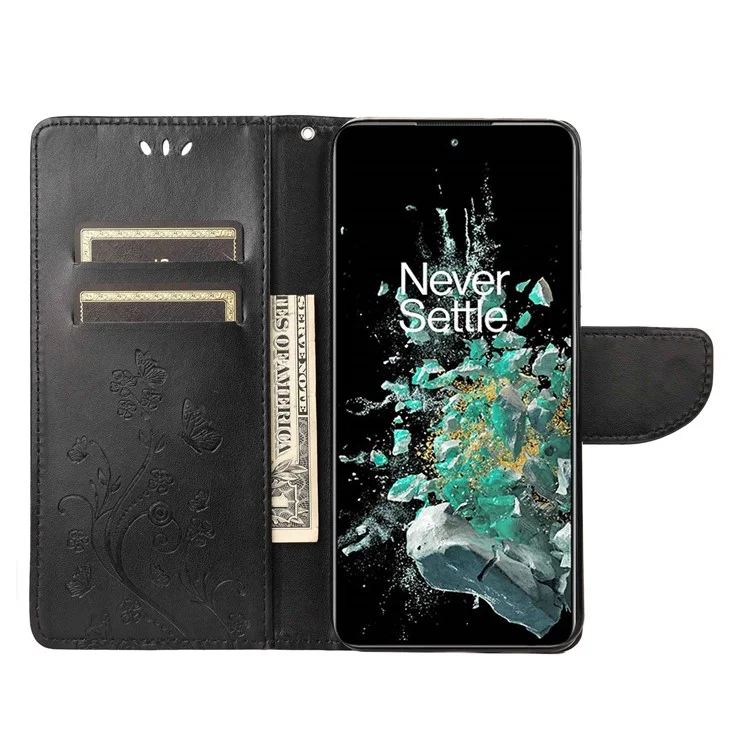 Per OnePlus 10T 5G / Ace Pro 5G Wallet Stand PU Leather Imprinting Flowlies Case di Protezione Completa TPU Copertina Telefonica Con Cinturino - Nero