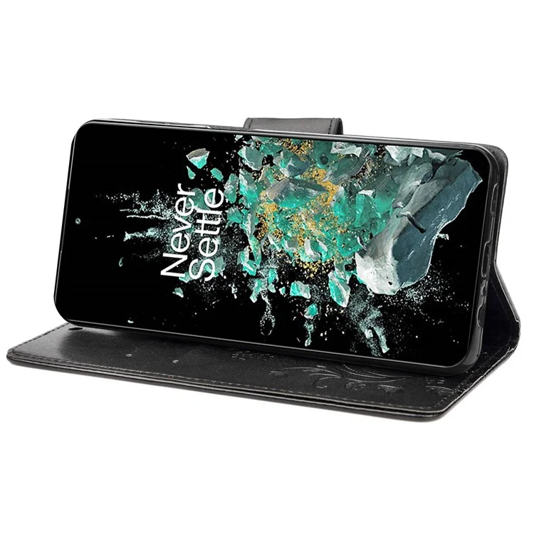 Per OnePlus 10T 5G / Ace Pro 5G Wallet Stand PU Leather Imprinting Flowlies Case di Protezione Completa TPU Copertina Telefonica Con Cinturino - Nero
