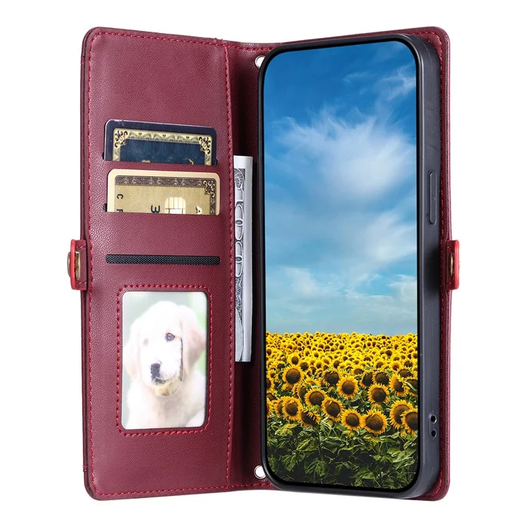 Per Motorola Moto E14 4G / G24 4G Custodia in pelle Wallet Stand Phone Cover con cinghie - Rosso vino
