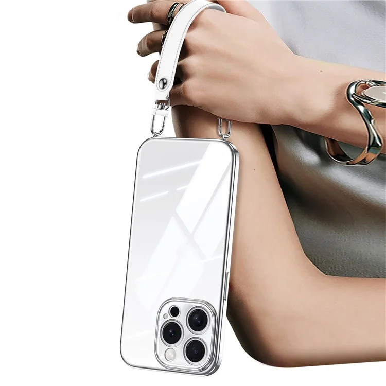 Sulada Para Iphone 16 Pro Max Case Eletroplatando Ultra Clear Soft TPU Tampa de Telefone Com Pulseira PU - Branco