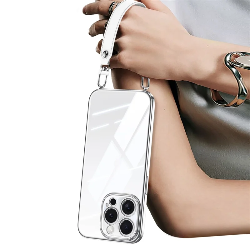 Sulada Para Iphone 16 Pro Case Eletroplating Ultra Clear Soft TPU Tampa de Telefone Com Pulseira PU - Branco