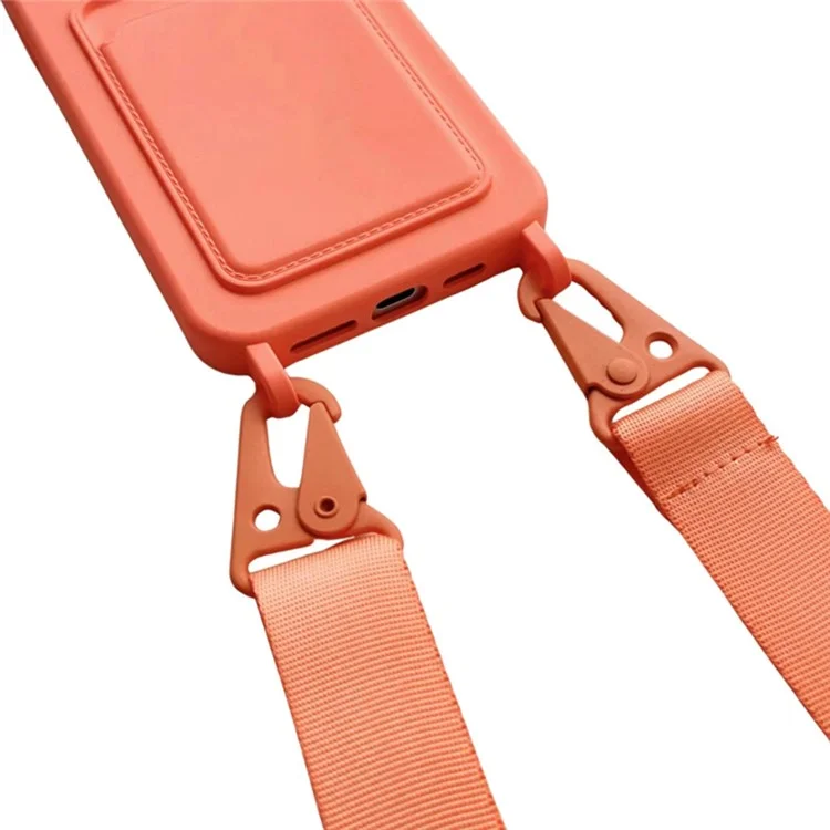 Para Iphone 16 Case Liquid Silicone Card Slot Cover de Teléfono Suave Con Correa de Cordón - Naranja
