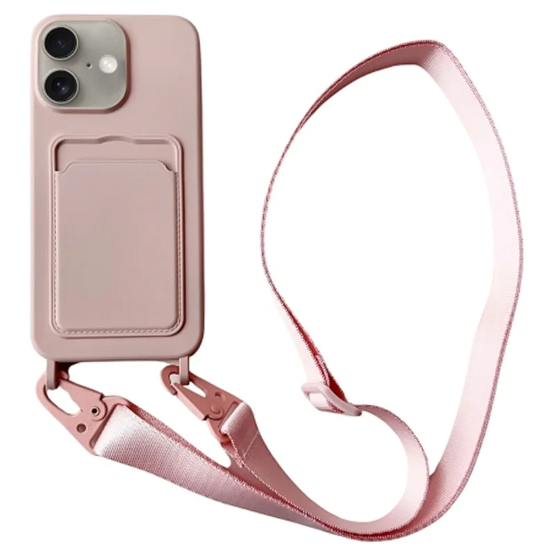 For iPhone 16 Case Liquid Silicone Card Slot Soft Phone Cover with Lanyard Strap - Pink