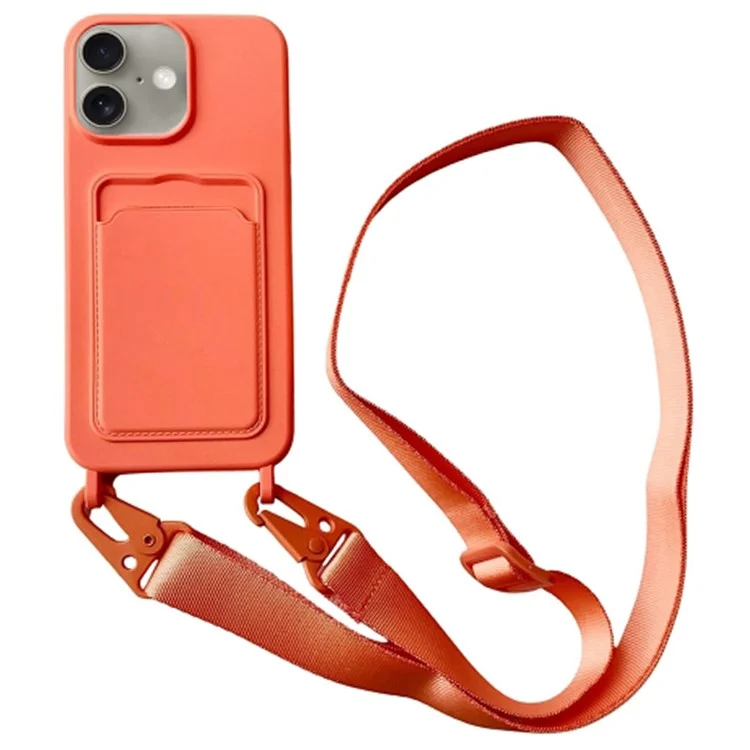 For iPhone 16 Plus Case Liquid Silicone Card Slot Soft Phone Cover with Lanyard Strap - Orange