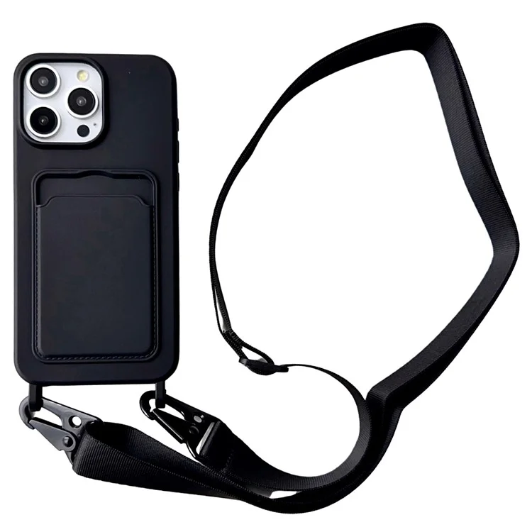 For iPhone 16 Pro Max Case Liquid Silicone Card Slot Soft Phone Cover with Lanyard Strap - Black